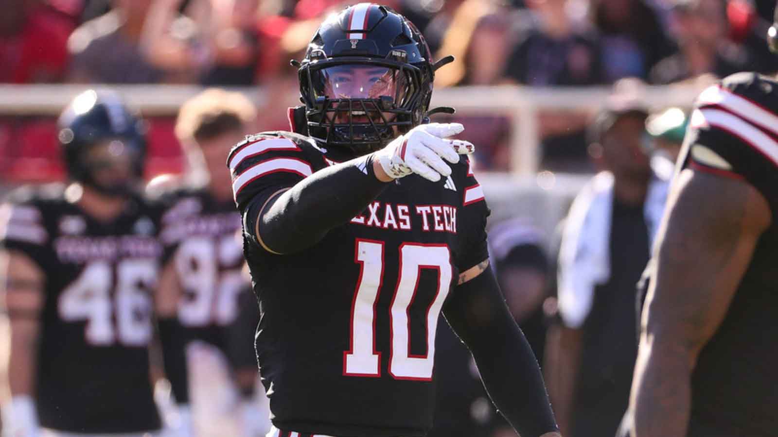 Texas Tech's Jacob Rodriguez calls out the defense during a Big 12 Conference football game, Saturday, Nov. 15, 2025, at Jones AT&T Stadium.
