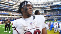 Washington Commanders running back Jacory Croskey-Merritt (22) celebrates after the game against the Los Angeles Chargers at SoFi Stadium.