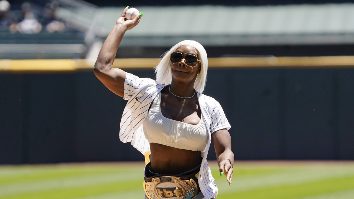 WWE star Jade Cargill throwing out a first pitch.
