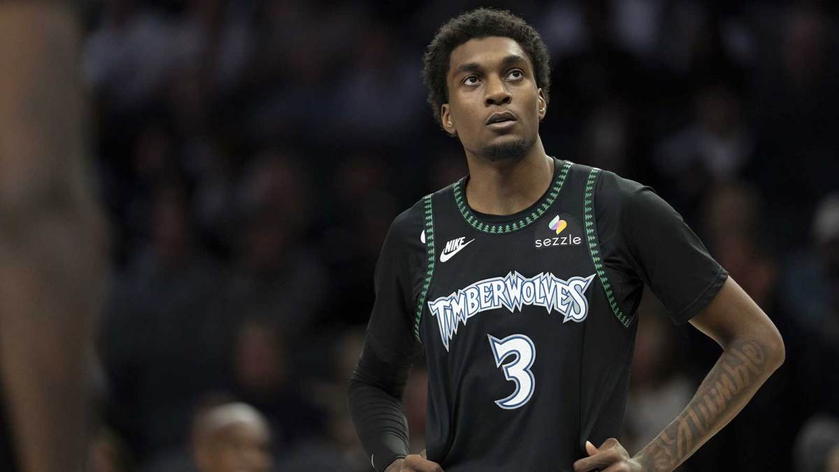 Minnesota Timberwolves forward Jaden McDaniels (3) looks on against the Los Angeles Lakers in the second half at Target Center.