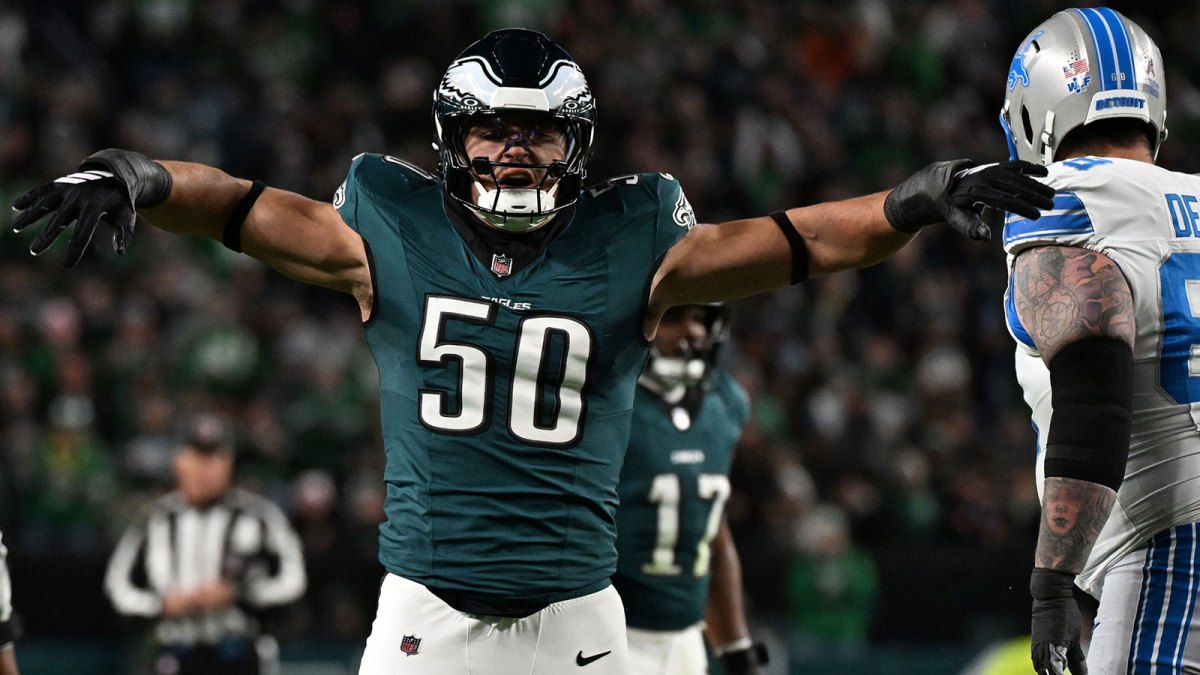 Philadelphia Eagles linebacker Jaelan Phillips (50) reacts after sacking Detroit Lions quarterback Jared Goff (16) during the first half at Lincoln Financial Field.