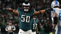 Philadelphia Eagles linebacker Jaelan Phillips (50) reacts after sacking Detroit Lions quarterback Jared Goff (16) during the first half at Lincoln Financial Field.