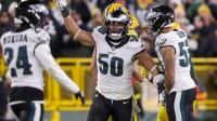 Philadelphia Eagles linebacker Jaelan Phillips (50) reacts after the Eagles recover a fumble by Green Bay Packers running back Josh Jacobs on Monday, November 10, 2025, at Lambeau Field in Green Bay, Wis. The Eagles won the game, 10-7.