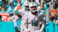 Miami Dolphins linebacker Jaelan Phillips (15) celebrates after sacking Jacksonville Jaguars quarterback Trevor Lawrence (not pictured) during the fourth quarter at Hard Rock Stadium.
