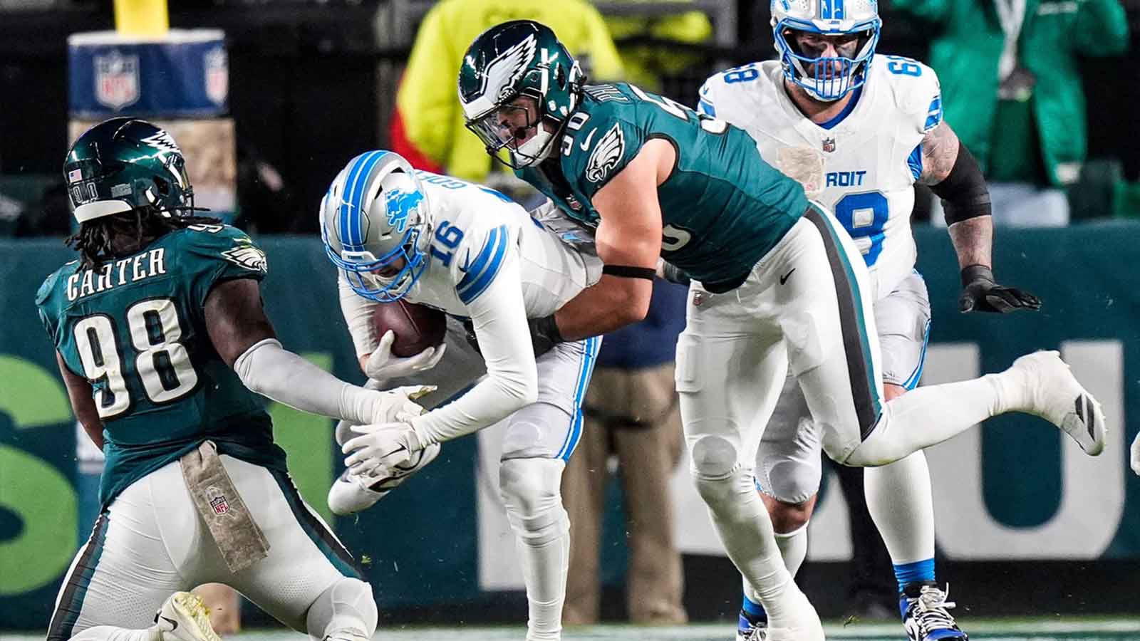 Detroit Lions quarterback Jared Goff is sacked by Philadelphia Eagles linebacker Jaelan Phillips (50) during the first half at Lincoln Financial Field in Philadelphia on Sunday, November 16, 2025.