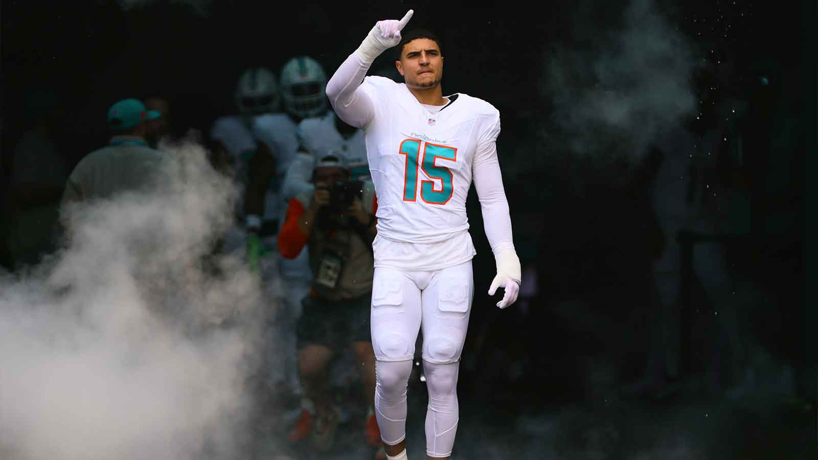 Miami Dolphins linebacker Jaelan Phillips (15) runs onto the field before the game against the Jacksonville Jaguars at Hard Rock Stadium.