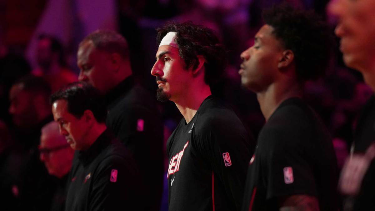 Miami Heat forward Jaime Jaquez Jr. (11) looks on during pregame ceremonies before the game against the Dallas Mavericks at Kaseya Center.