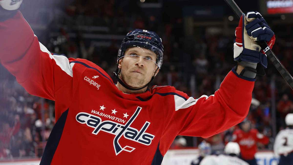 Washington Capitals defenseman Jakob Chychrun (6) celebrates after scoring a goal against the Columbus Blue Jackets during the first period at Capital One Arena.