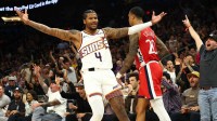 Phoenix Suns guard Jalen Green (4) celebrates a three point shot against the Los Angeles Clippers in the second half at the Mortgage Matchup Center.