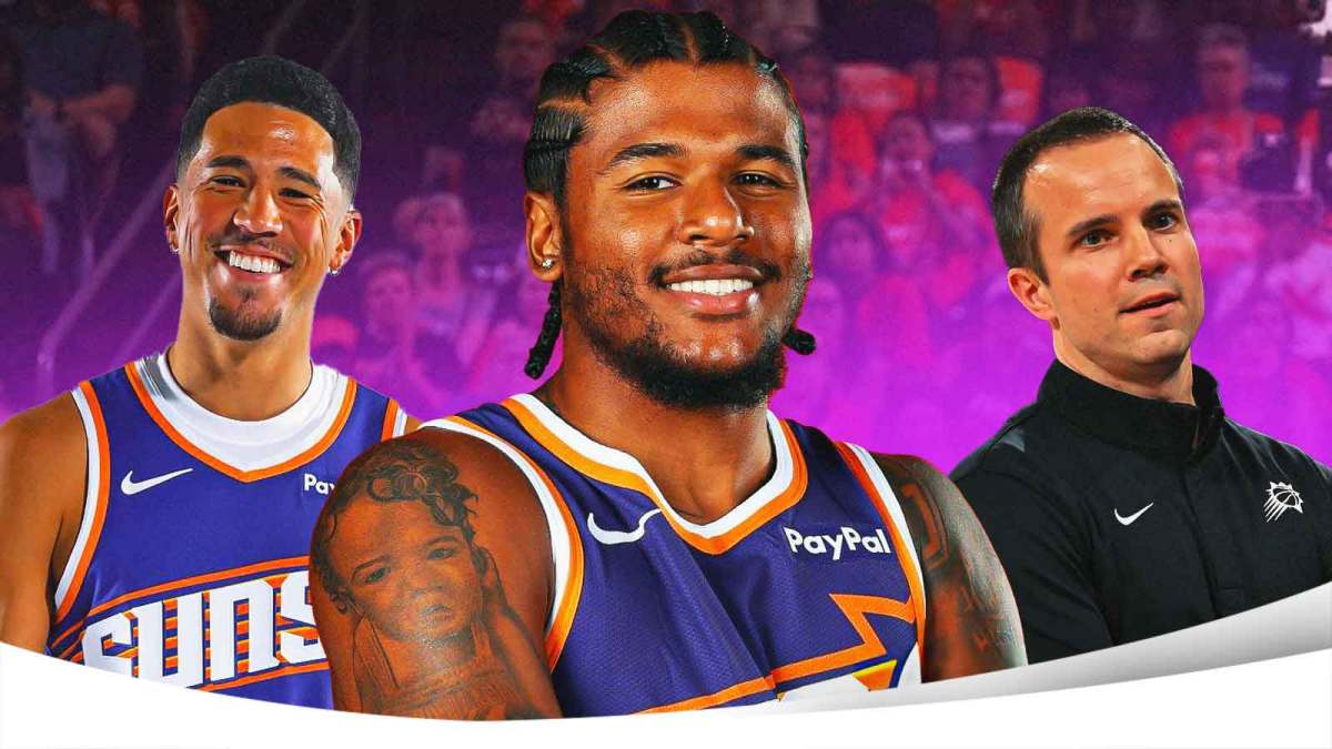 Jalen Green smiling in a Phoenix Suns jersey while shooting a ball of fire. Also, head coach Jordan Ott and Suns guard Devin Booker are smiling next to Green