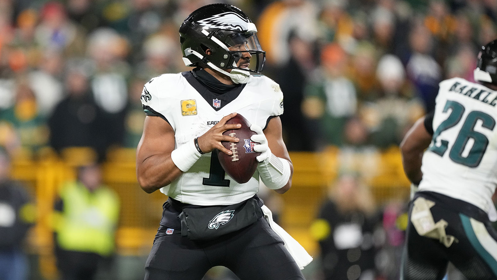 Philadelphia Eagles quarterback Jalen Hurts (1) stands in the pocket against the Green Bay Packers in the first half at Lambeau Field. 