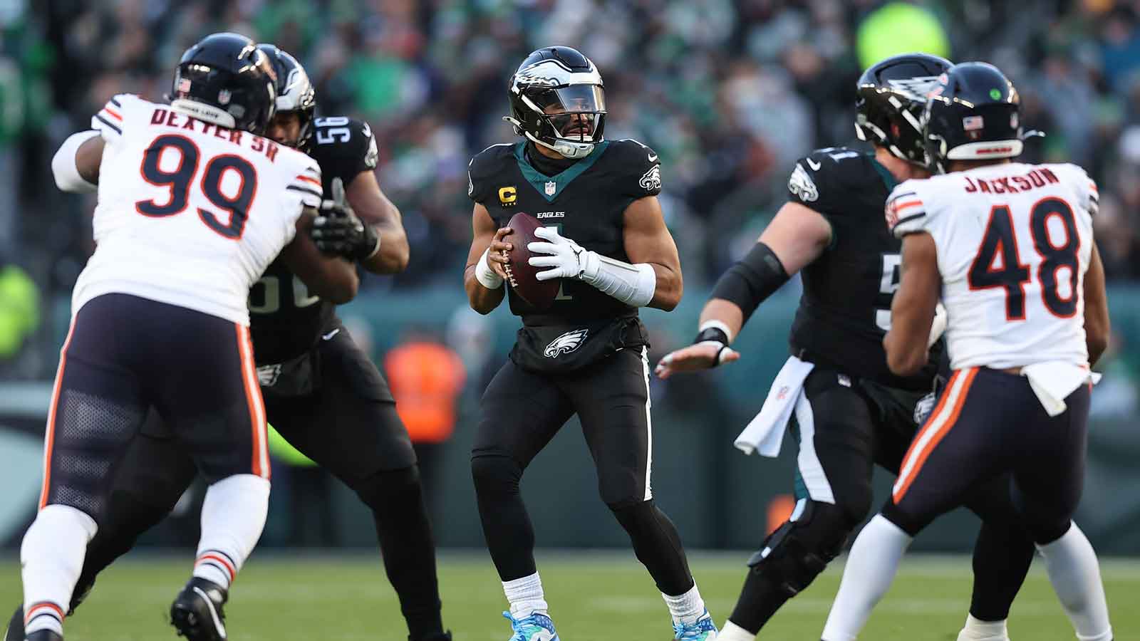 Philadelphia Eagles quarterback Jalen Hurts (1) looks to pass the ball against the Chicago Bears during the second quarter of the game at Lincoln Financial Field. 