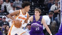 Atlanta Hawks forward Jalen Johnson (1) looks to drive against Utah Jazz forward Lauri Markkanen (23) during the second half at Delta Center.