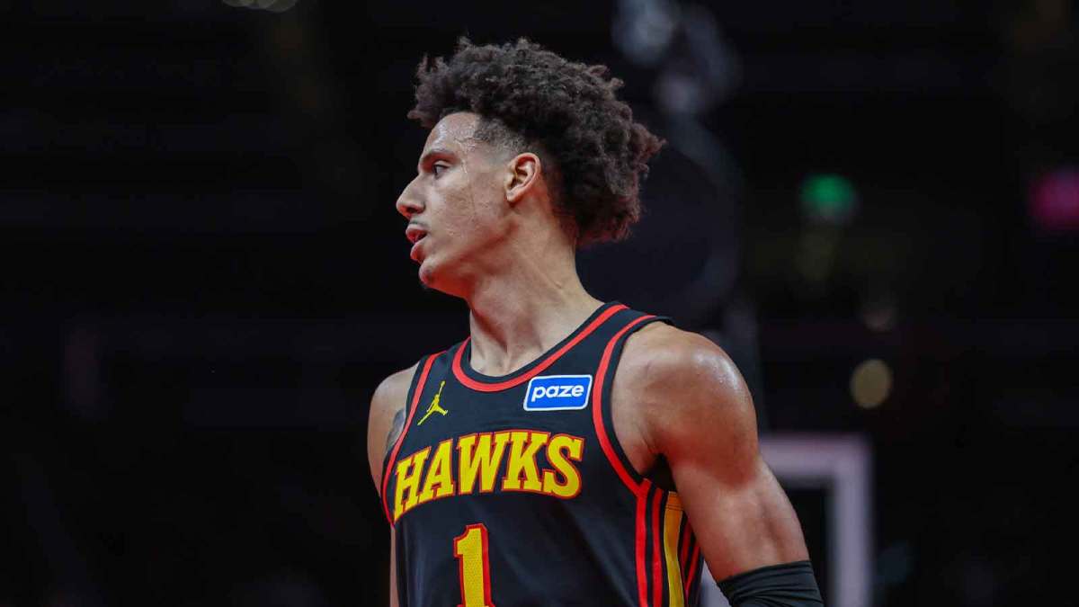 Atlanta Hawks forward Jalen Johnson (1) looks on during the game against the Cleveland Cavaliers during the fourth quarter at State Farm Arena.