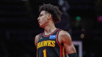 Atlanta Hawks forward Jalen Johnson (1) looks on during the game against the Cleveland Cavaliers during the fourth quarter at State Farm Arena.