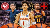 Hawks' Jalen Johnson with stars around him next to Quin Snyder and injured Trae Young