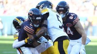 Chicago Bears wide receiver DJ Moore (2) makes a catch against Pittsburgh Steelers cornerback Jalen Ramsey (5) during the second half at Soldier Field.