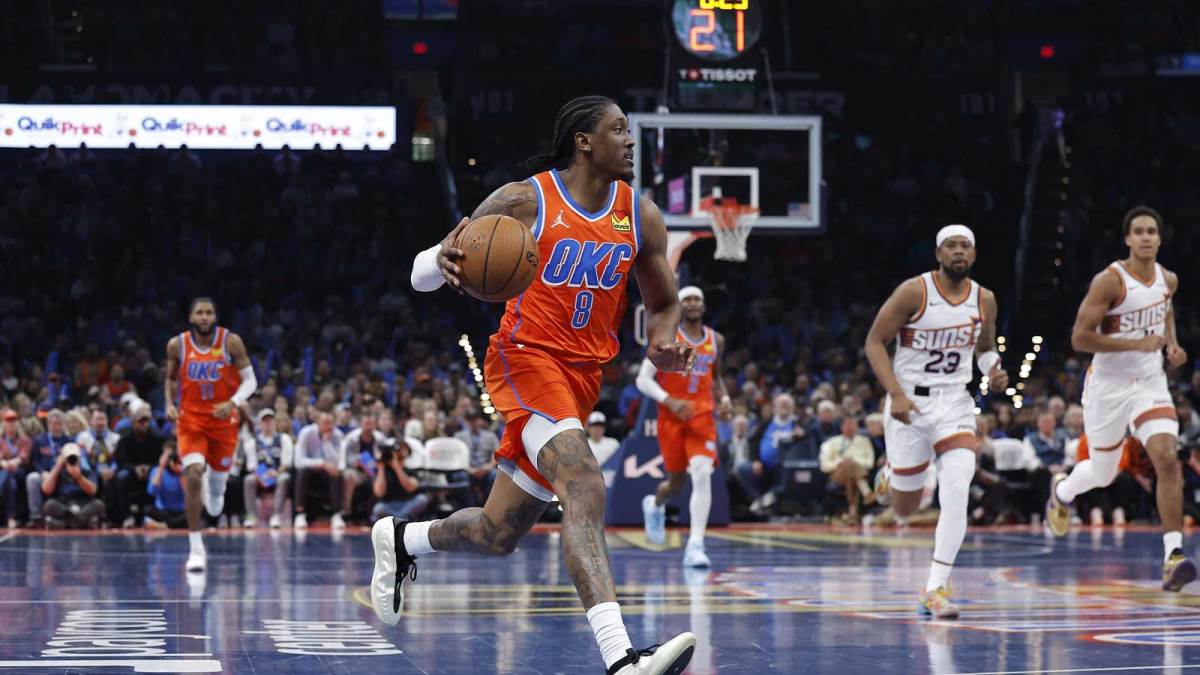 Oklahoma City Thunder guard Jalen Williams (8) moves the ball down the court against the Phoenix Suns during the second half at Paycom Center.