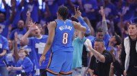 Oklahoma City Thunder forward Jalen Williams (8) gestures to fans after scoring a three point basket against the Denver Nuggets in the second quarter during game seven of the second round for the 2025 NBA Playoffs at Paycom Center.