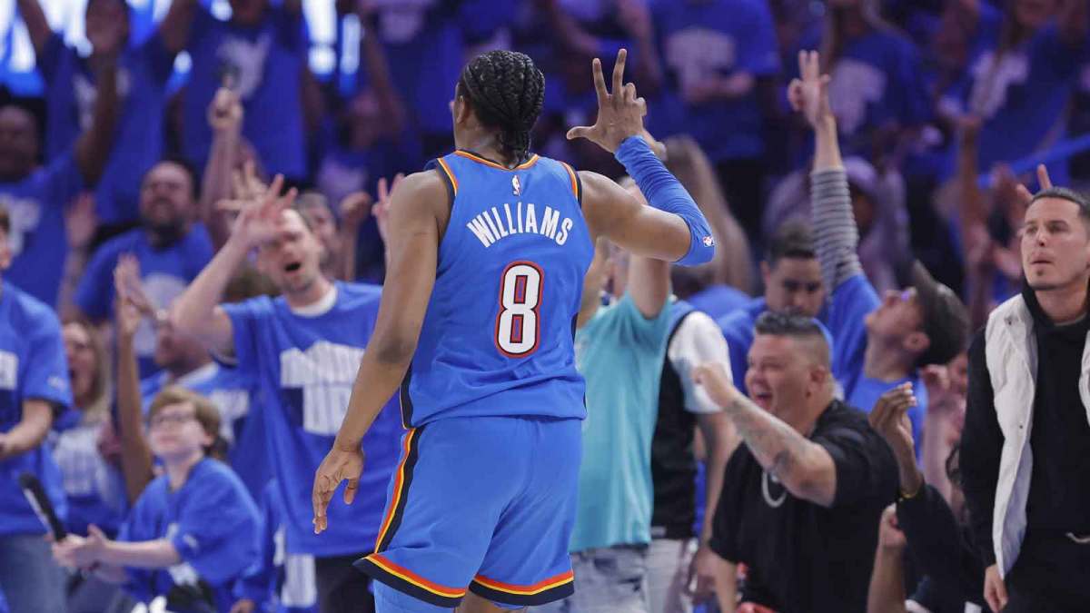 Oklahoma City Thunder forward Jalen Williams (8) gestures to fans after scoring a three point basket against the Denver Nuggets in the second quarter during game seven of the second round for the 2025 NBA Playoffs at Paycom Center.