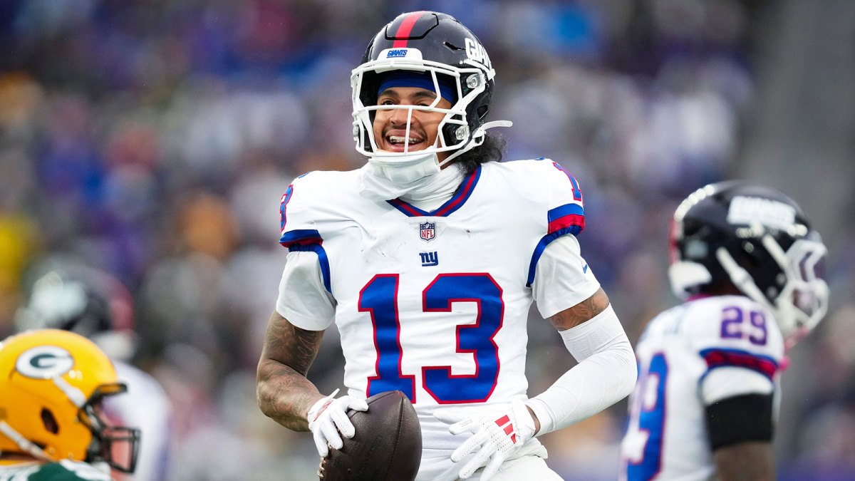 New York Giants wide receiver Jalin Hyatt (13) celebrates after making a catch in a game against the Green Bay Packers at MetLife Stadium,
