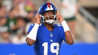 New York Giants quarterback Jameis Winston (19) calls a play at the line against the New York Jets during the second half at MetLife Stadium.