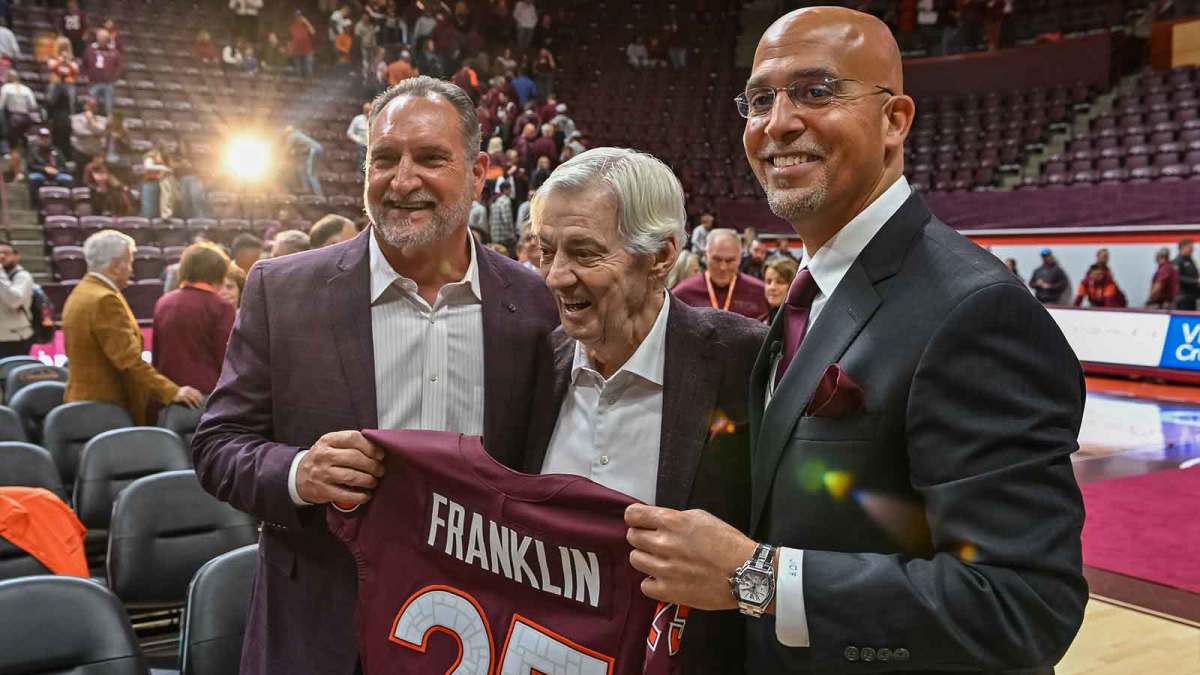 Frank Beamer and James Franklin after the press conference at Cassell Coliseum.
