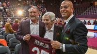 Frank Beamer and James Franklin after the press conference at Cassell Coliseum.
