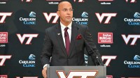 Virginia Tech head coach James Franklin during the press conference at Cassell Coliseum. Mandatory Credit: Brian Bishop-Imagn Images