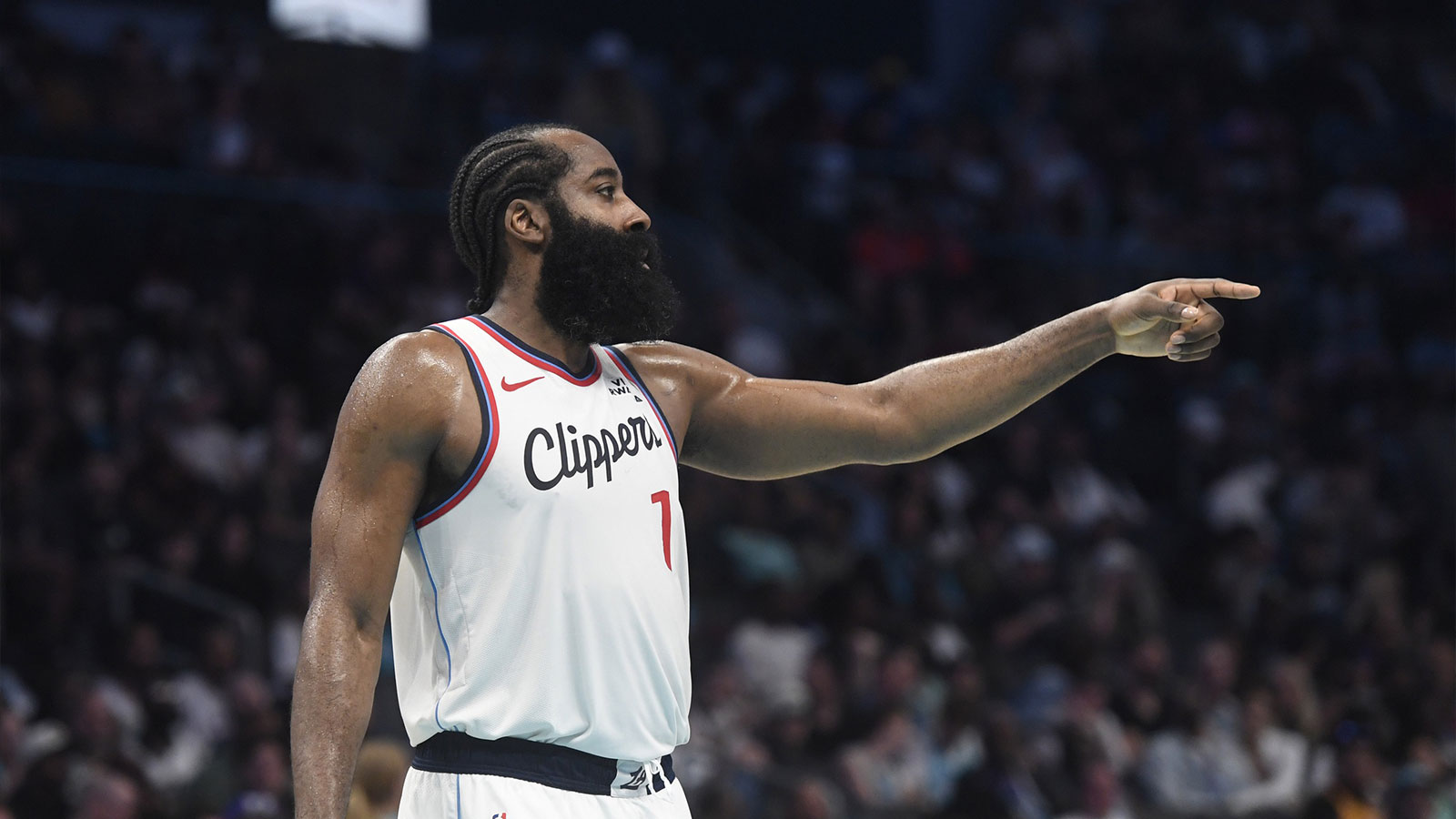 Los Angeles Clippers guard James Harden (1) signals to his teammates during the second half against the Charlotte Hornets at the Spectrum Center. 