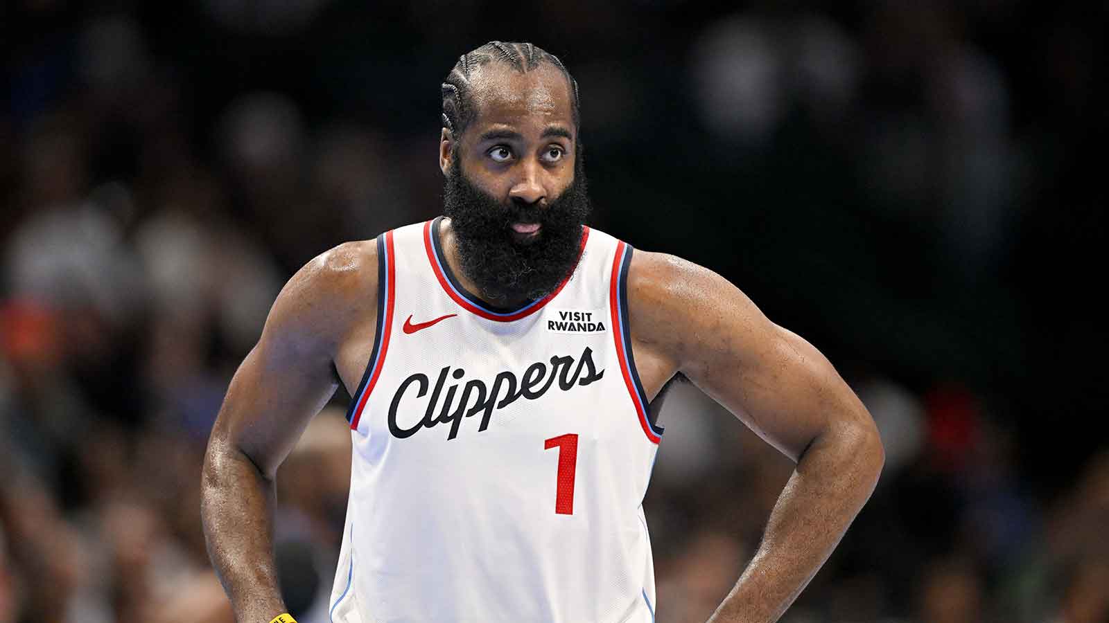 LA Clippers guard James Harden (1) looks on during the second half against the Dallas Mavericks in an NBA Cup game at the American Airlines Center.