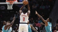 ; Los Angeles Clippers guard James Harden (1) shoots during the first half again st the Charlotte Hornets at the Spectrum Center.