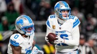 Detroit Lions quarterback Jared Goff (16) looks to pass against Philadelphia Eagles during the first half at Lincoln Financial Field in Philadelphia on Sunday, November 16, 2025.