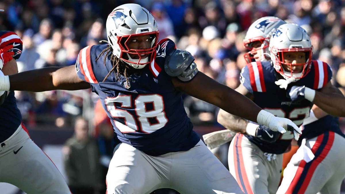 New England Patriots center Jared Wilson (58) in coverage during the first half against the Atlanta Falcons at Gillette Stadium.