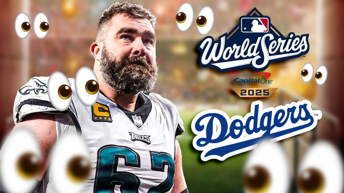 Jason Kelce, LA Dodgers and World Series logos, eyes emojis