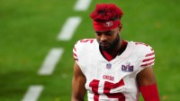 San Francisco 49ers wide receiver Jauan Jennings (15) leaves the field after losing to the Kansas City Chiefs during overtime in Super Bowl LVIII at Allegiant Stadium.