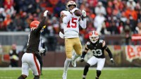 San Francisco 49ers wide receiver Jauan Jennings (15) makes a catch during the first half against the Cleveland Browns at Huntington Bank Field.