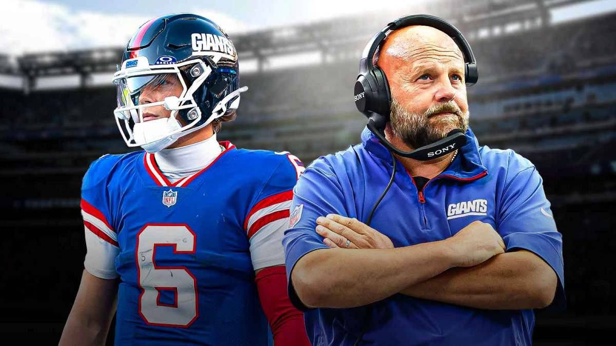 Giants Jackson Dart, Giants Brian Daboll both looking serious