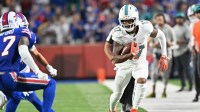 Miami Dolphins wide receiver Jaylen Waddle (17) runs against the Buffalo Bills in the second half at Highmark Stadium.