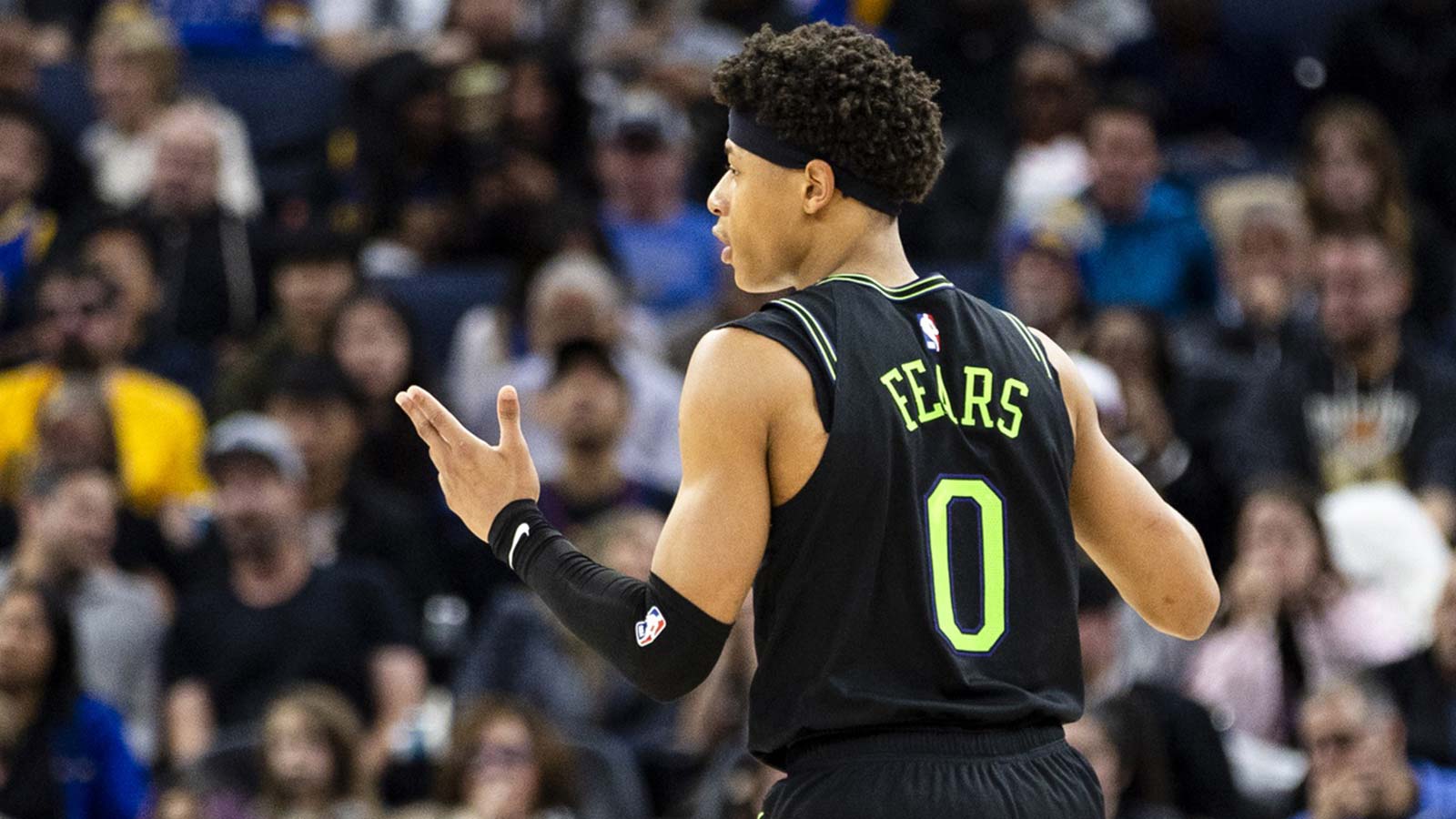 New Orleans Pelicans guard Jeremiah Fears (0) reacts after hitting a three-point shot against the Golden State Warriors during the fourth quarter at Chase Center.