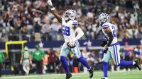 Dallas Cowboys linebacker Kenneth Murray, Jr. (59) reacts after retrieving a fumble in the fourth quarter against the Philadelphia Eagles at AT&T Stadium.