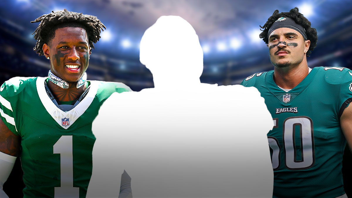 Sauce Gardner in a No. 1 Jets jersey, Jaelan Phillips in an Eagles No. 50 jersey, and a blacked-out player in the middle in front of an NFL stadium.