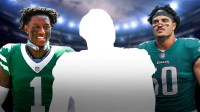 Sauce Gardner in a No. 1 Jets jersey, Jaelan Phillips in an Eagles No. 50 jersey, and a blacked-out player in the middle in front of an NFL stadium.