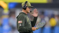 Los Angeles Chargers head coach Jim Harbaugh reacts during the fourth quarter of the game against the Pittsburgh Steelers at SoFi Stadium.