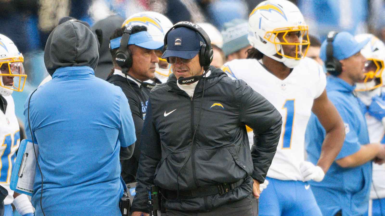 Los Angeles Chargers head coach Jim Harbaugh paces the sideline against the Tennessee Titans during the second half at Nissan Stadium.