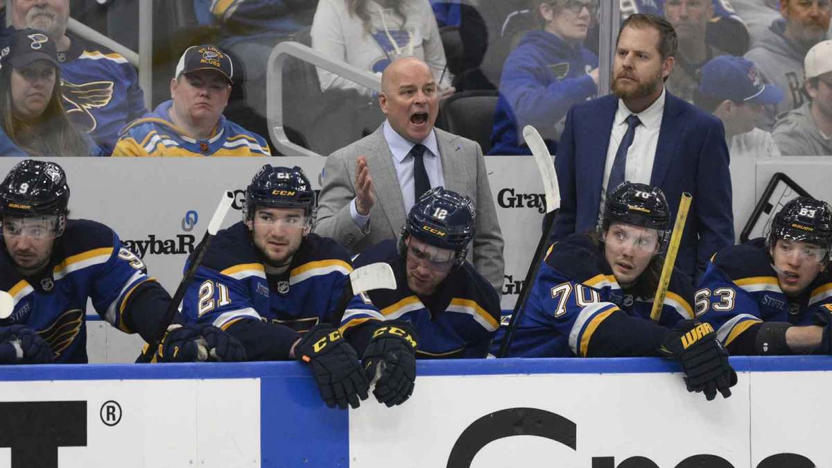 St. Louis Blues head coach Jim Montgomery reacts after a call during the first period against the Winnipeg Jets in game four of the first round of the 2025 Stanley Cup Playoffs at Enterprise Center.