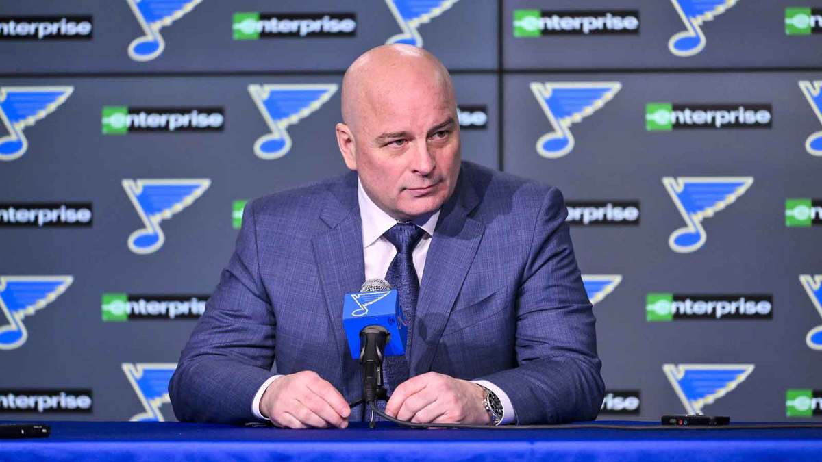 St. Louis Blues head coach Jim Montgomery talks with the media after the Blues won their franchise record 12th straight win with a victory over the Colorado Avalanche at Enterprise Center.