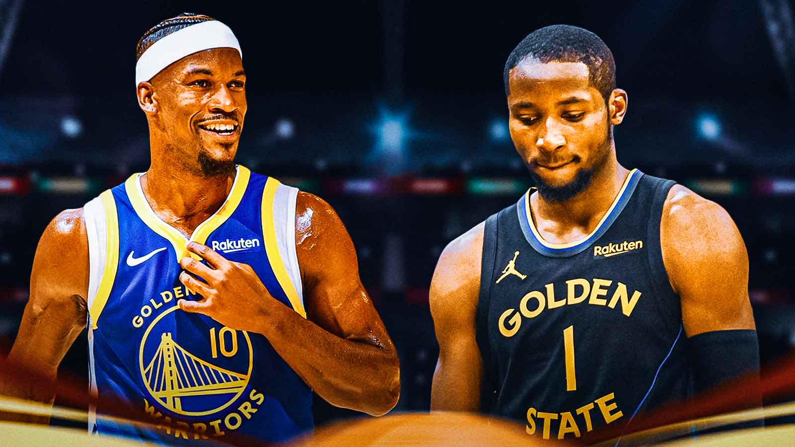 A smiling Jimmy Butler supporting Warriors' Jonathan Kuminga who looks a little sad