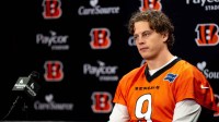 Cincinnati Bengals quarterback Joe Burrow speaks at a press conference at Paycor Stadium in Cincinnati on Nov. 25, 2025.
