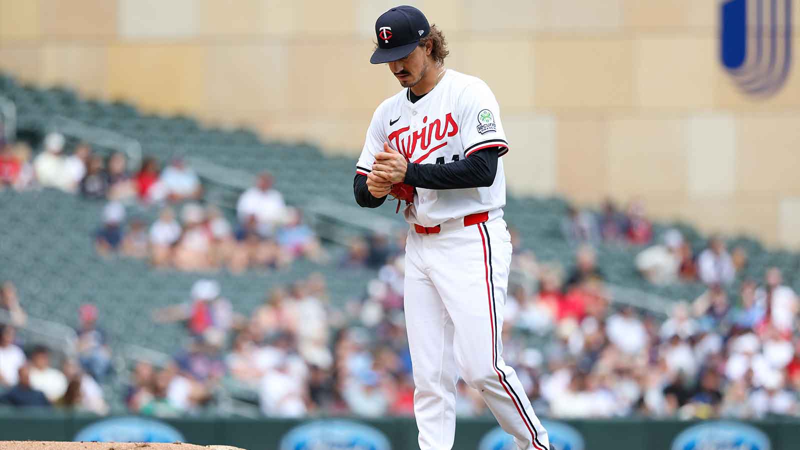 Minnesota Twins starting pitcher Joe Ryan (41) reacts to Cleveland Guardians third baseman Daniel Schneemann’s (10) solo home run during the fifth inning of game one of a double header at Target Field.